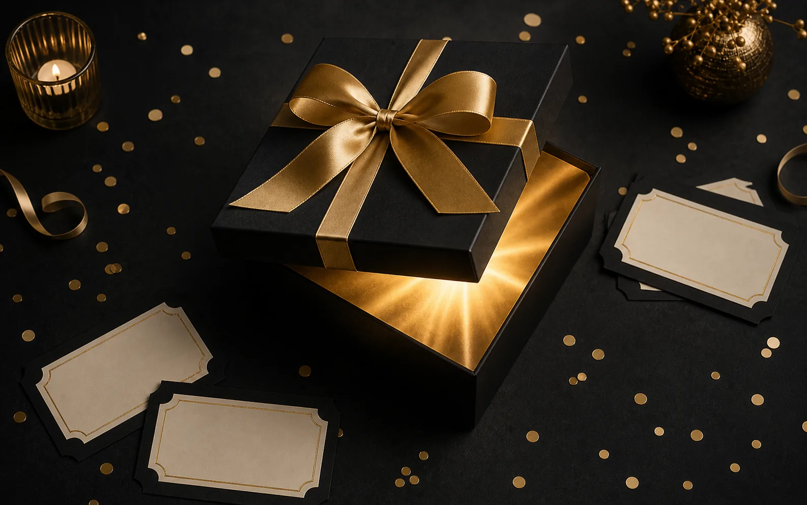 A premium black gift box with a gold ribbon and prize tickets