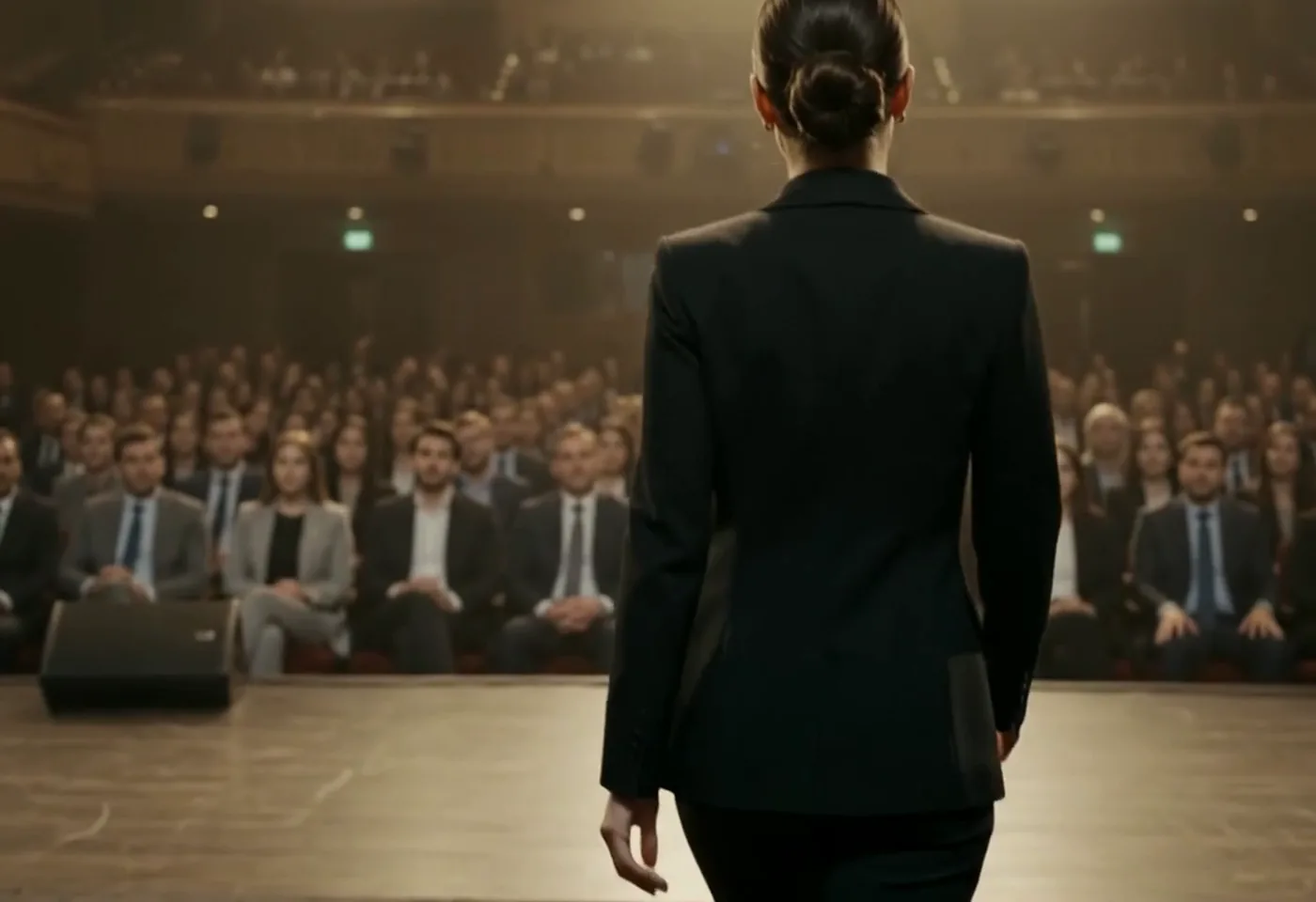 A business leader addressing an audience from the stage